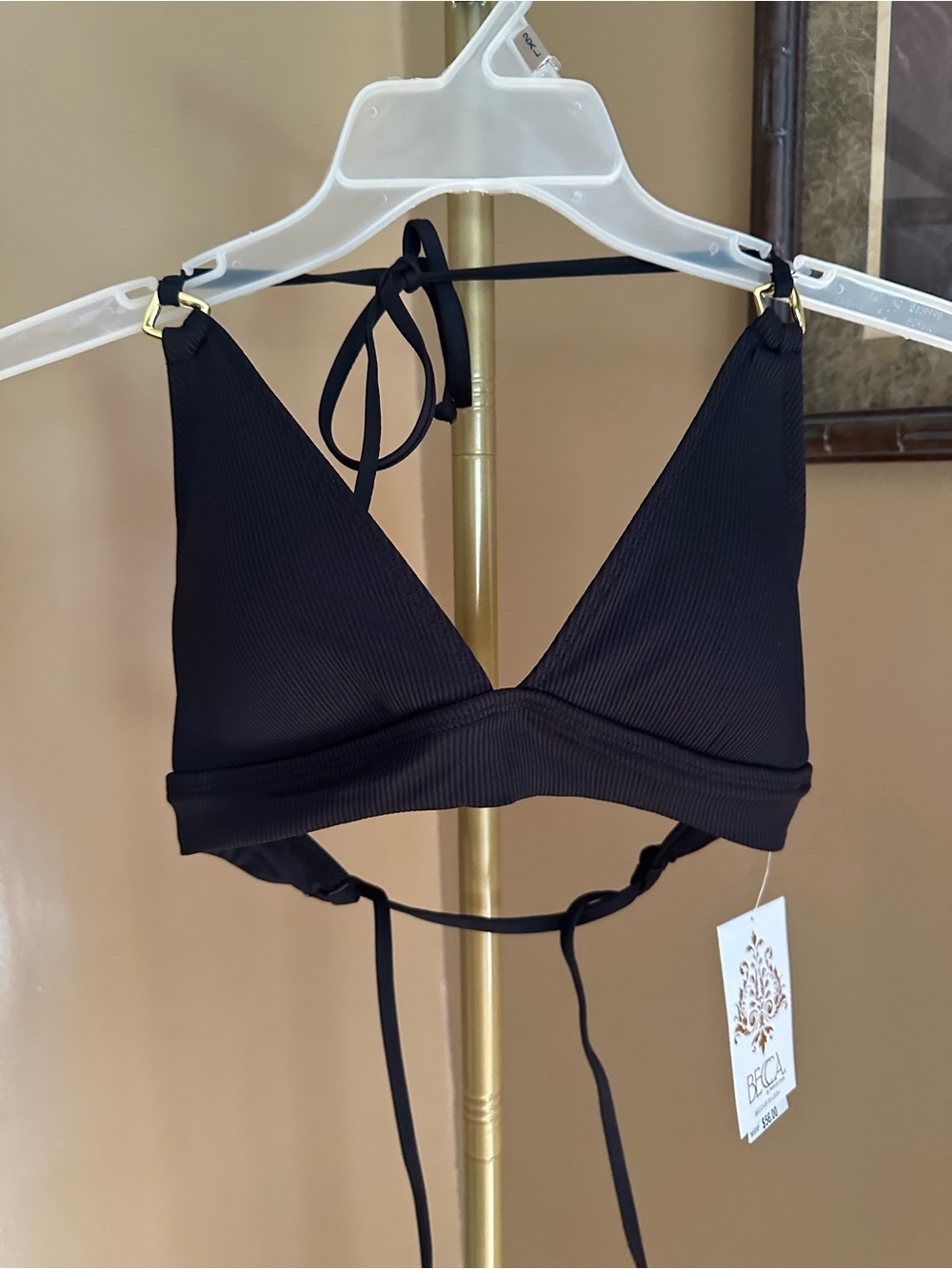 BECCA Black Ribbed Triangle Halter Bikini Top with Gold Accents